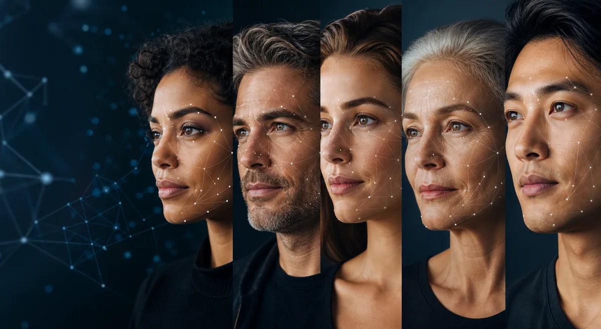 AI age guesser editorial image showing diverse adult portraits with facial landmark analysis