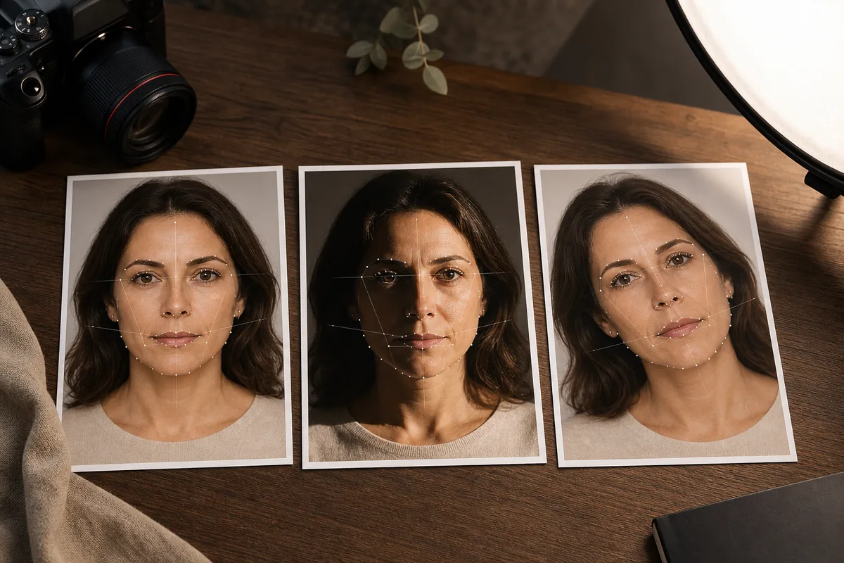Three portrait photos showing how lighting and head angle can change AI age estimation