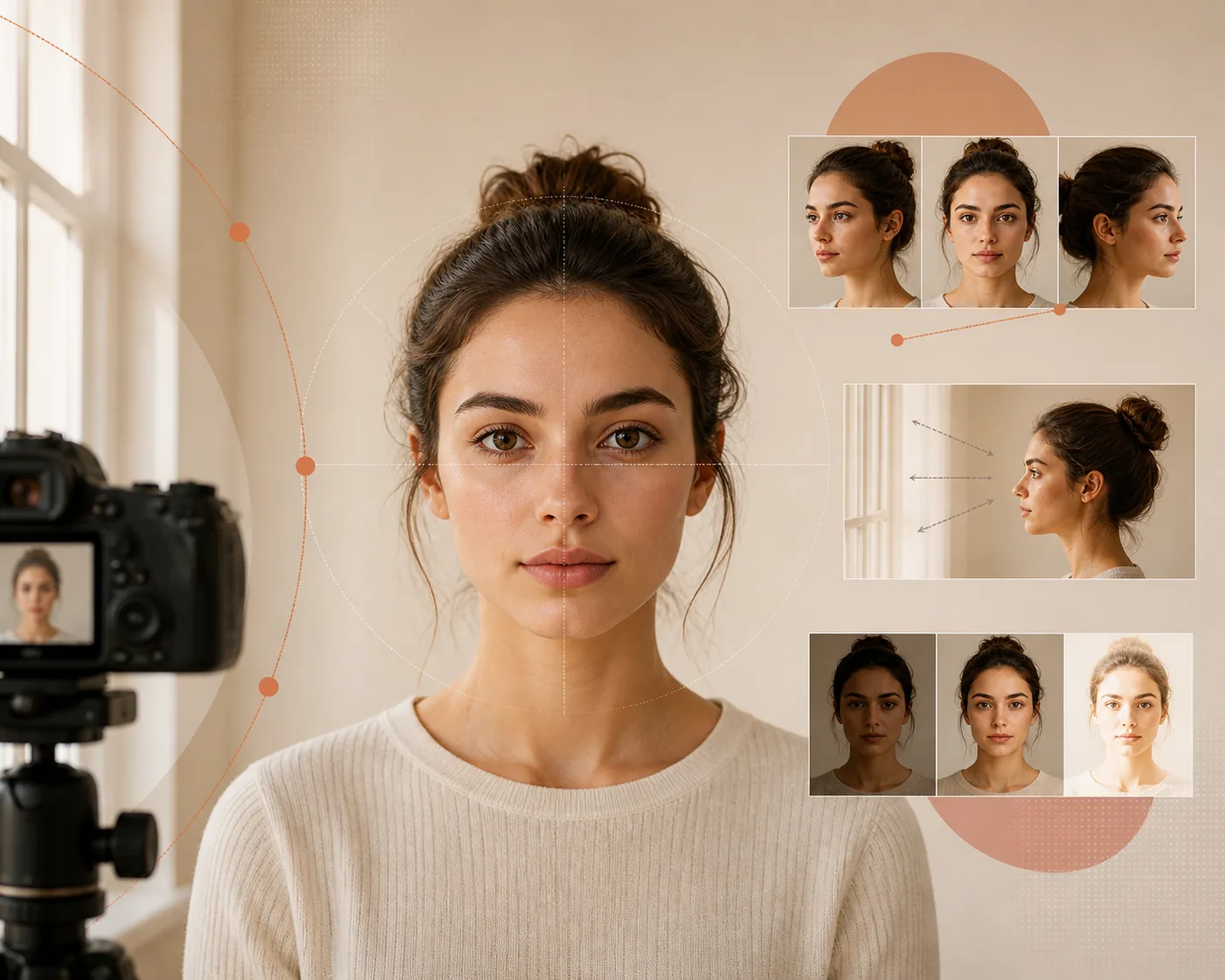 Front-facing portrait setup showing how camera distance, angle, and soft light affect AI face analysis