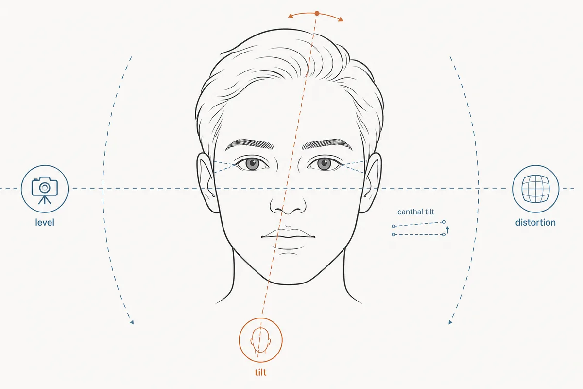 Editorial diagram showing how head tilt and lens distortion can change a canthal tilt reading