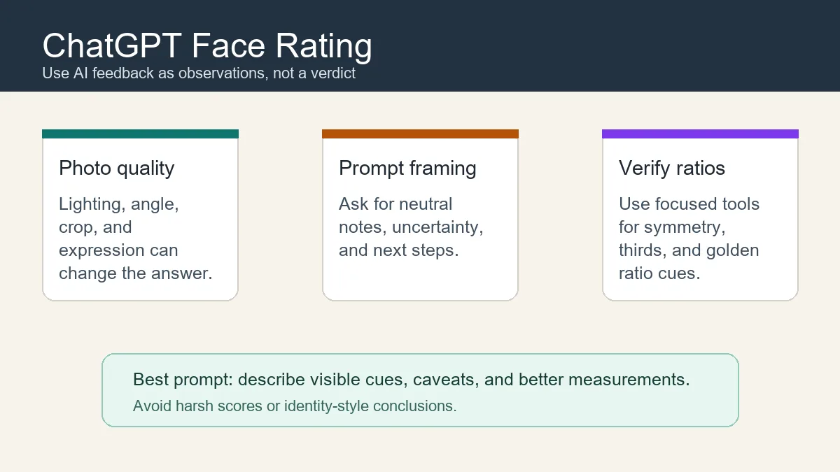 Editorial diagram showing how ChatGPT face rating should be checked against photo quality, privacy, and facial ratio tools