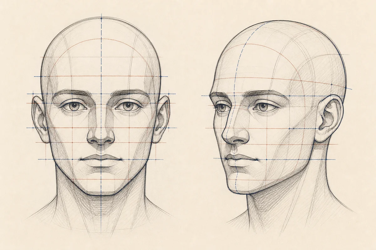 Front and three-quarter portrait construction studies with curved proportion guides