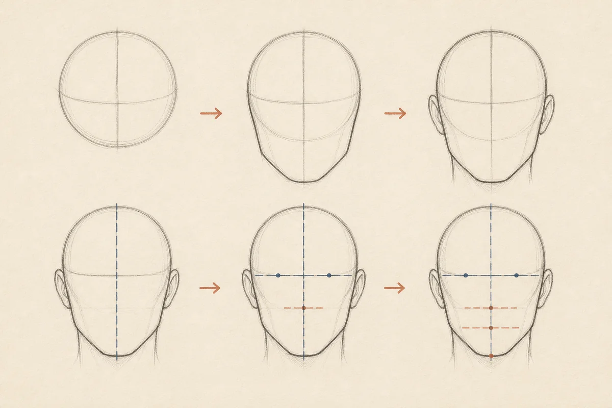Six pencil stages showing head shape, centerline, eyes, nose, mouth, and chin construction