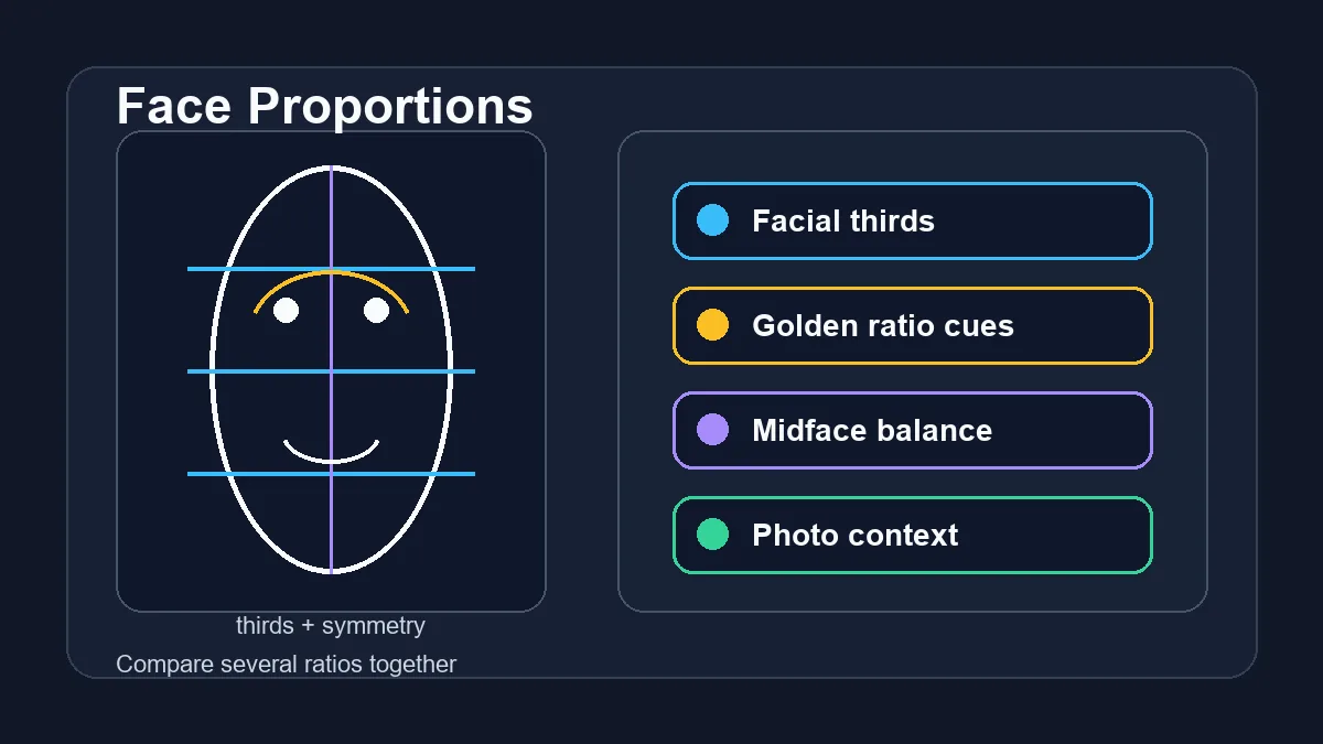 Editorial diagram comparing facial thirds, symmetry, midface balance, and golden ratio cues