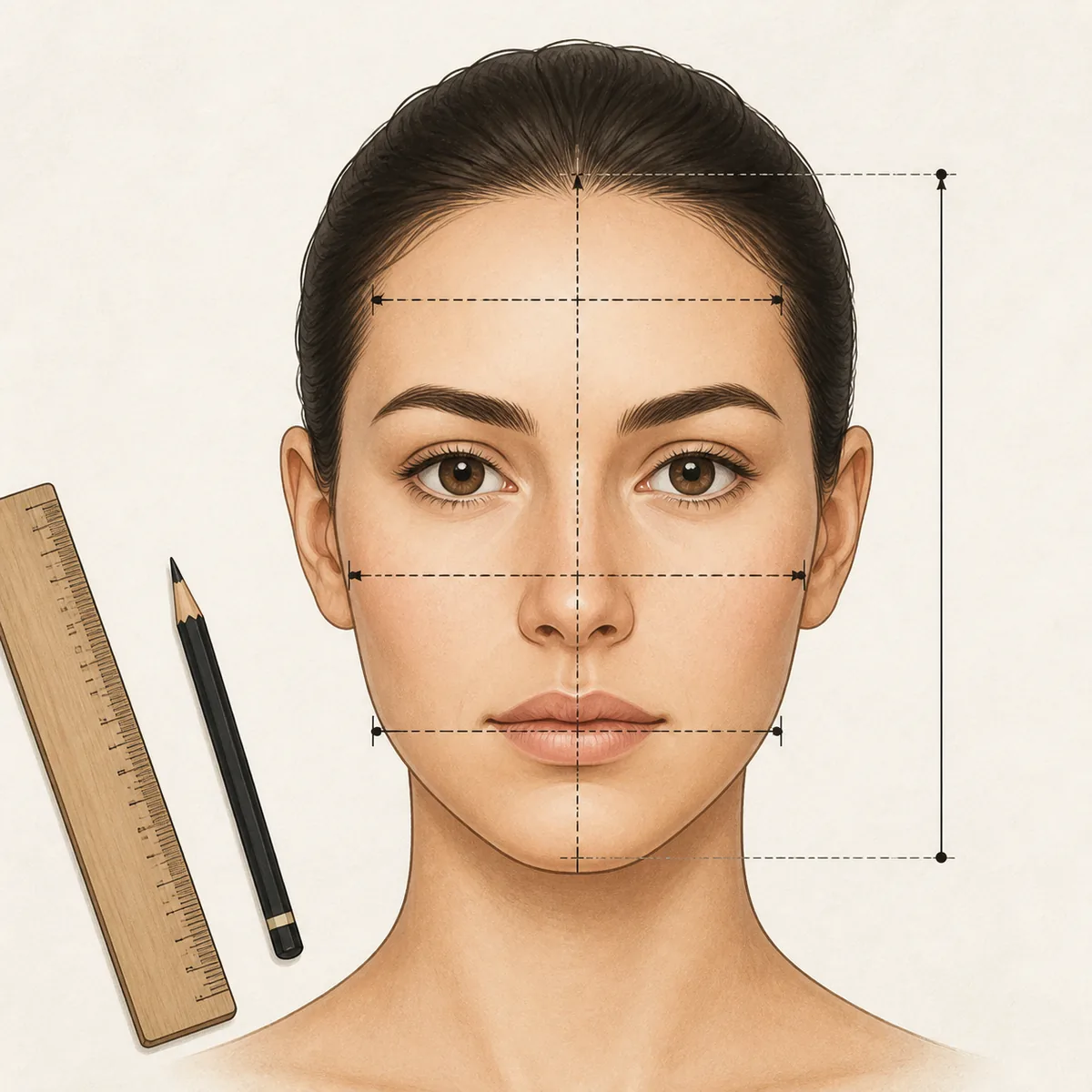 Front-facing illustrated portrait with measurement lines for forehead, cheekbones, jaw, and face length