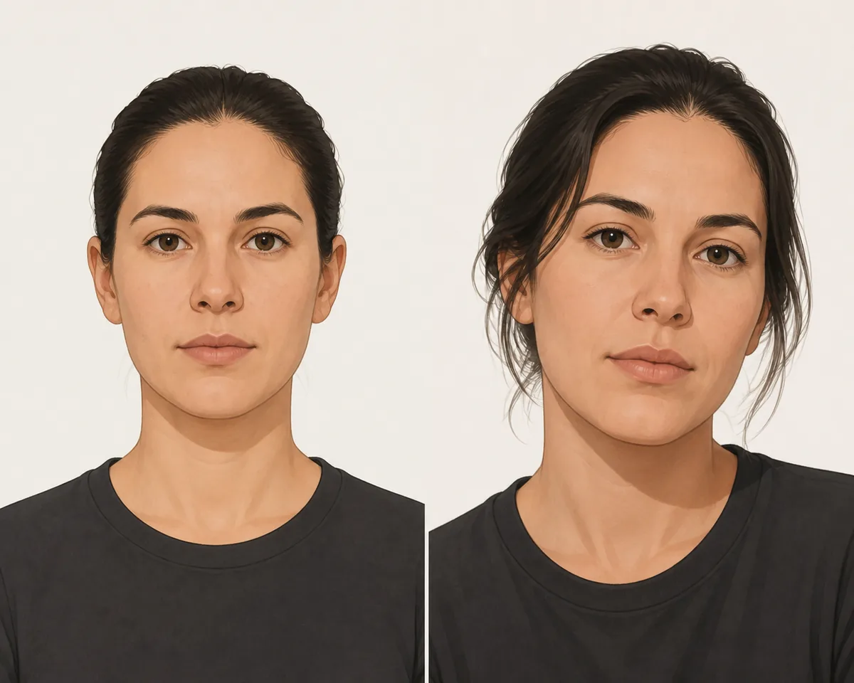 The same illustrated person shown in a straight-on and angled portrait to demonstrate photo distortion