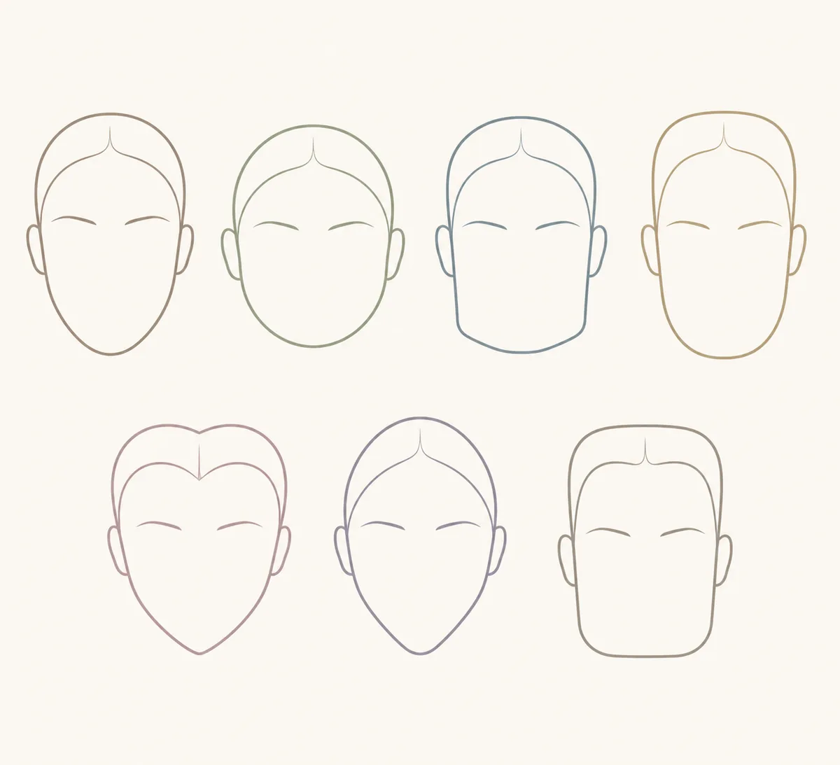 Seven simplified face outline illustrations showing different face-shape patterns