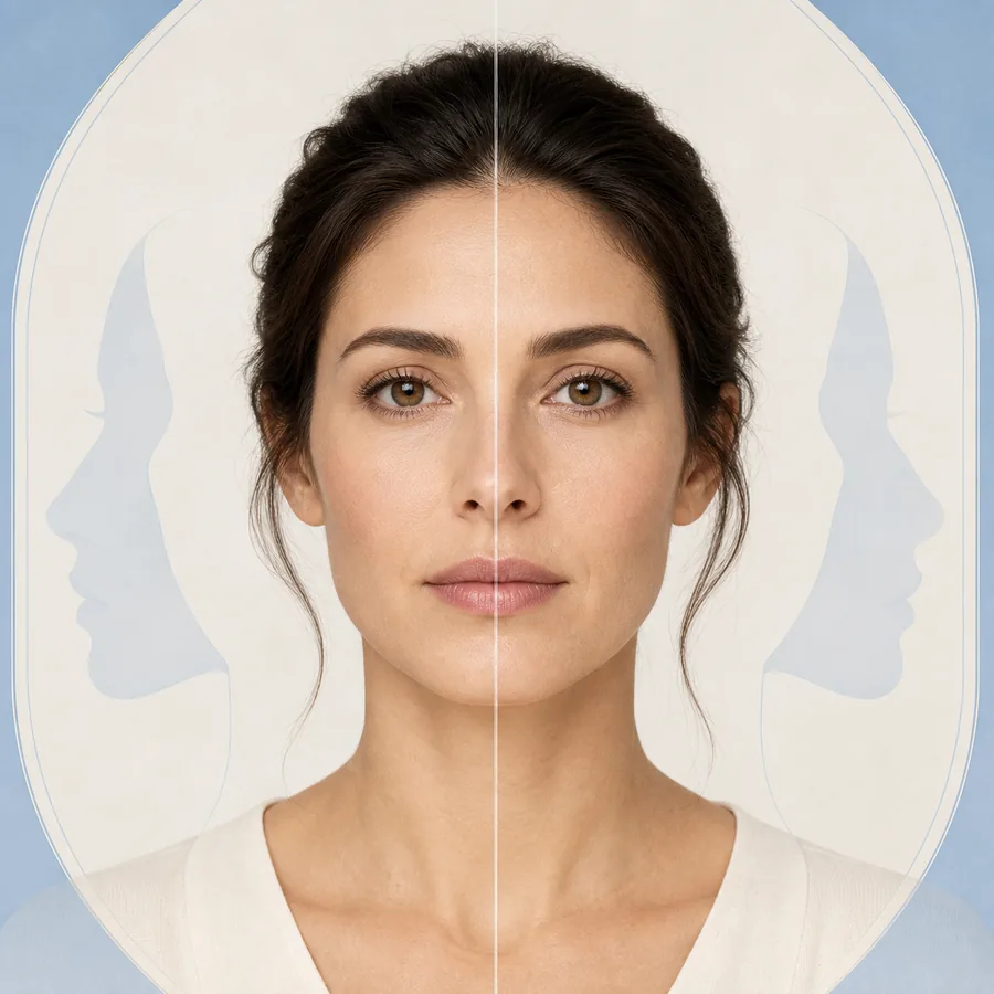 Front-facing portrait with a subtle vertical centerline for checking facial symmetry