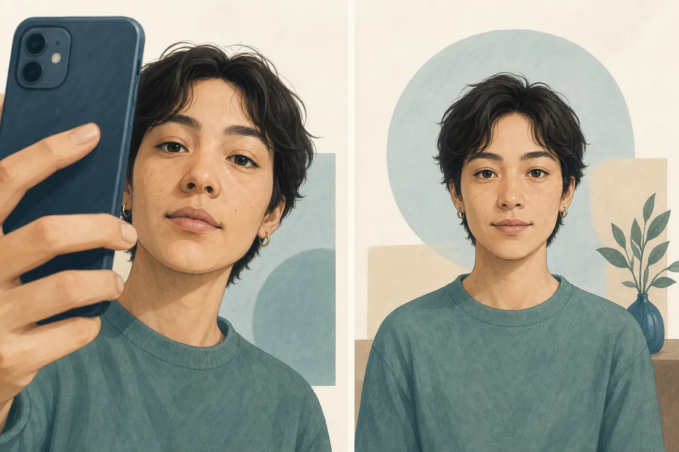 Editorial comparison of a close angled selfie and a centered portrait taken farther away