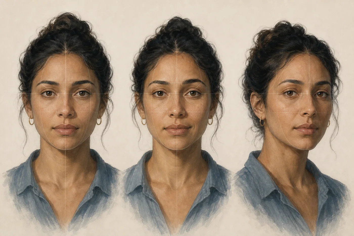 Three portrait views showing natural asymmetry and camera perspective