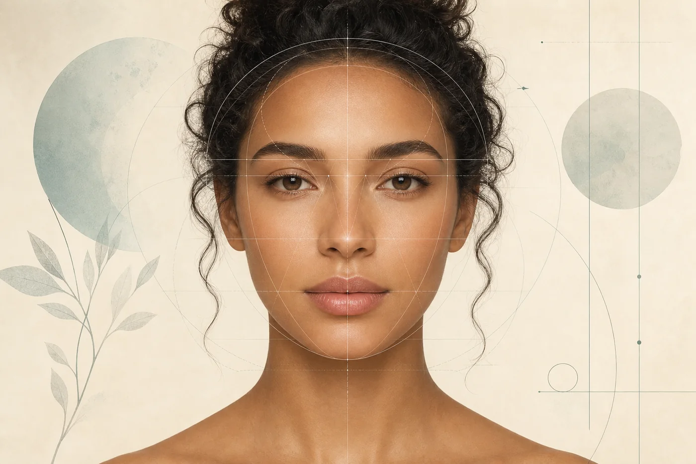 Editorial portrait with geometric guides illustrating facial harmony