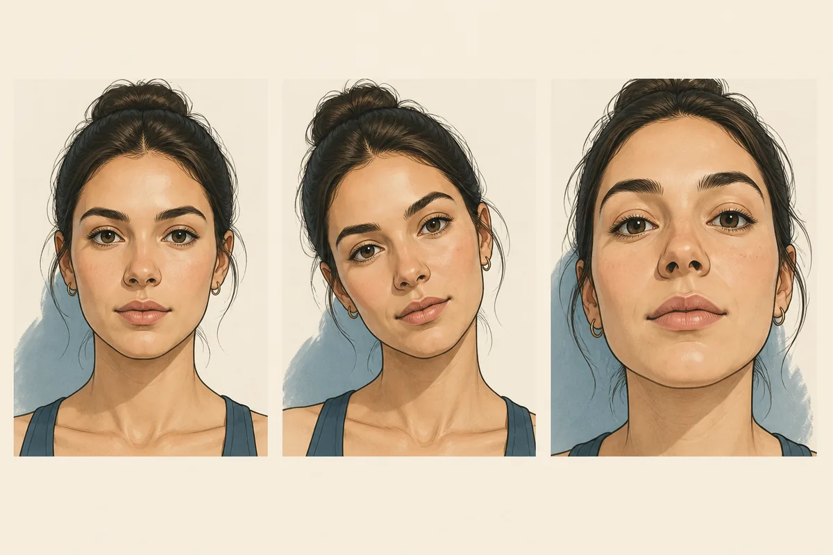 Editorial illustration showing how a level photo, head tilt, and close selfie can change cheekbone appearance