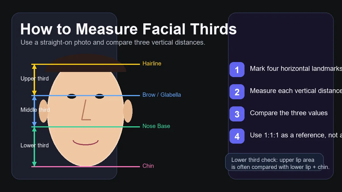Diagram showing how to measure facial thirds from hairline to brow, brow to nose base, and nose base to chin