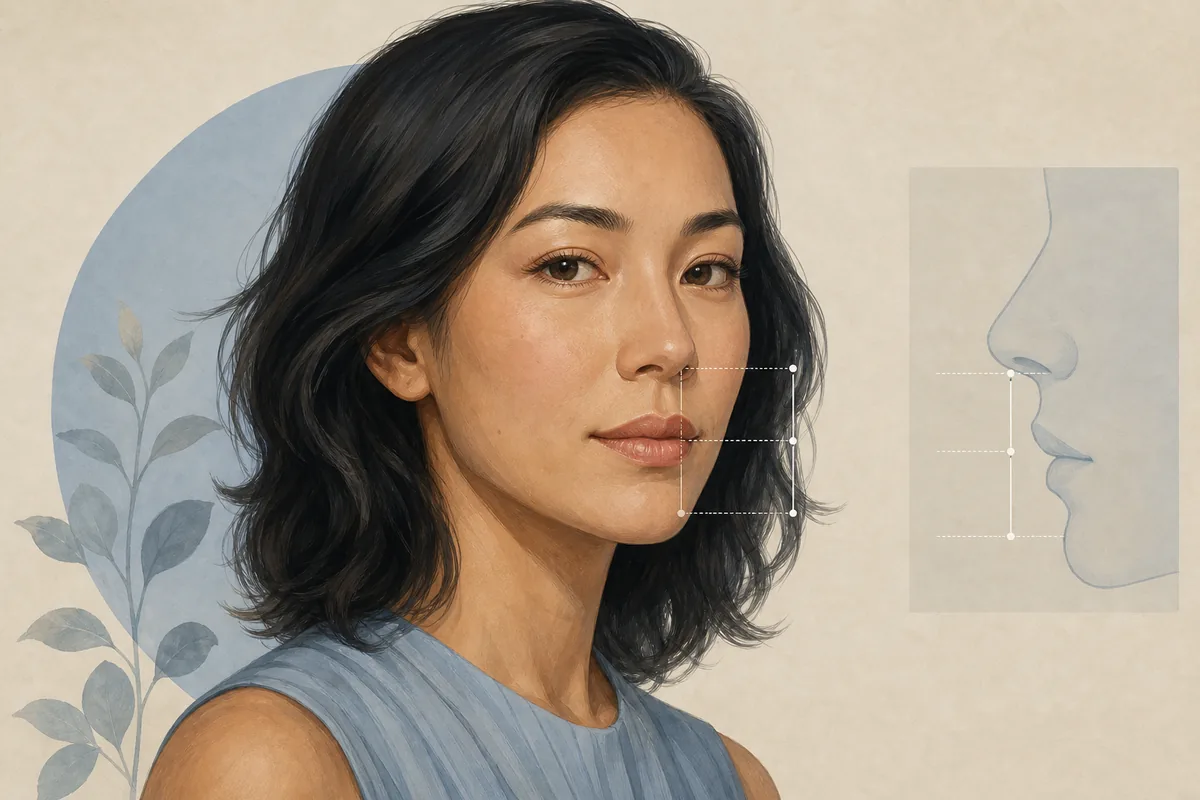 Editorial portrait with guides showing philtrum and lower-face proportions