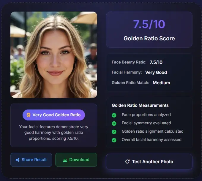 Golden ratio face score 7.5 - balanced facial proportions with good harmony