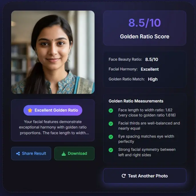 Golden ratio face score 8.5 - excellent facial proportions with logical symmetry