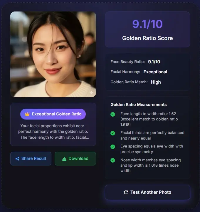 Golden ratio face score 9.1 - exceptional facial proportions with empathic features